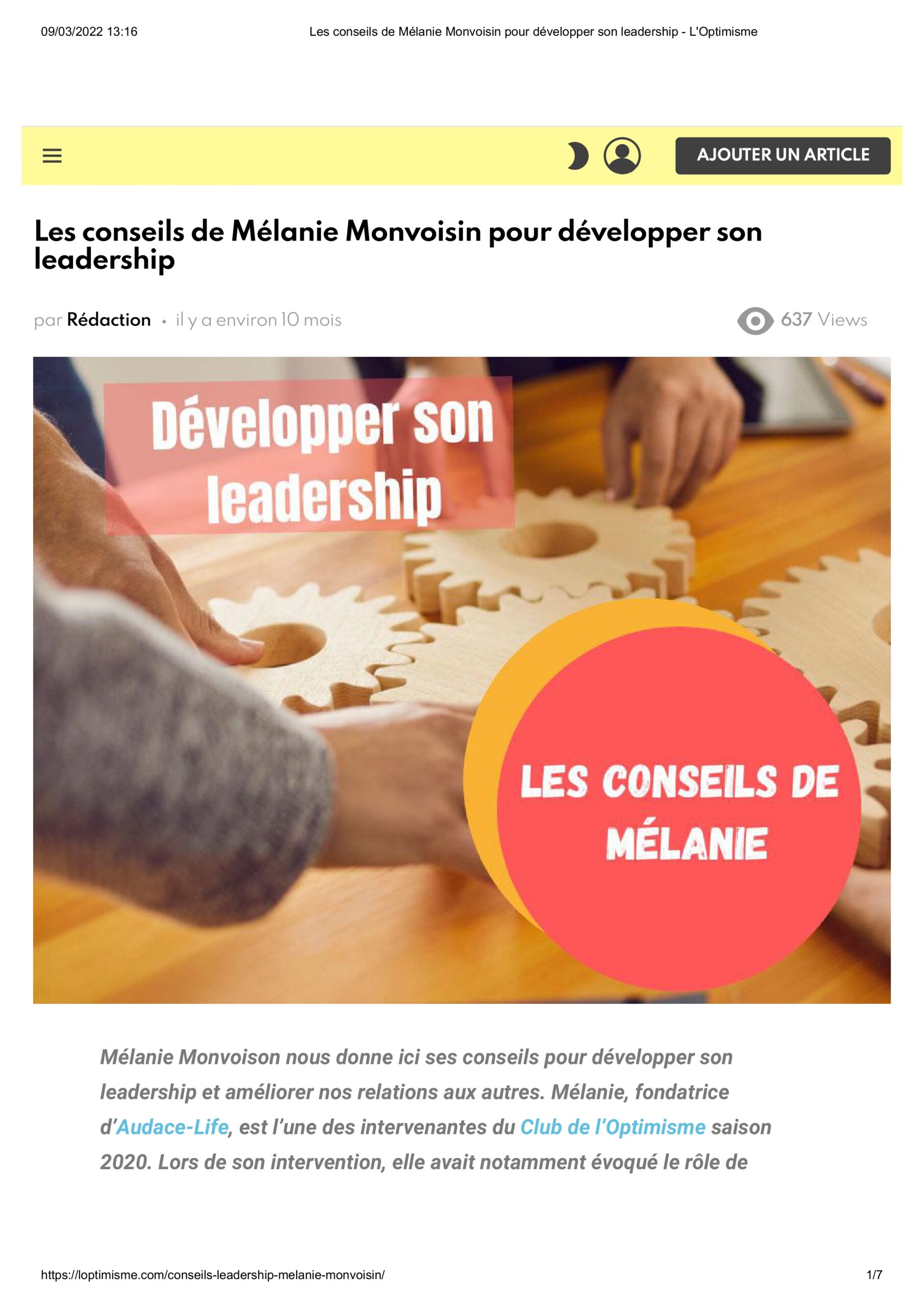 L'obtimiste - AUDACE-LIFE - Mélanie MONVOISIN - Leadership - Presse
